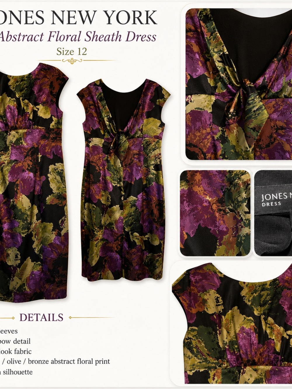 Jones New York Olive, Purple & Black Abstract Floral Midi Dress